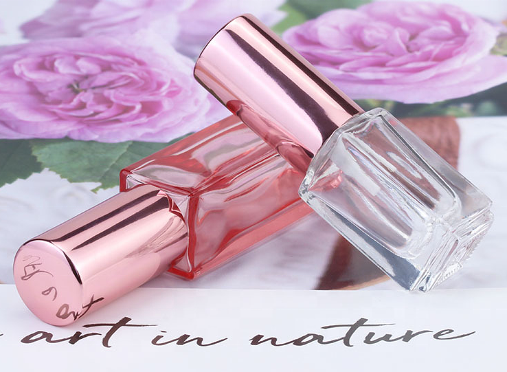 Rose gold color square cosmetic 3ml 10ml mini perfume pink glass sprayer bottle with aluminum atomizer lid