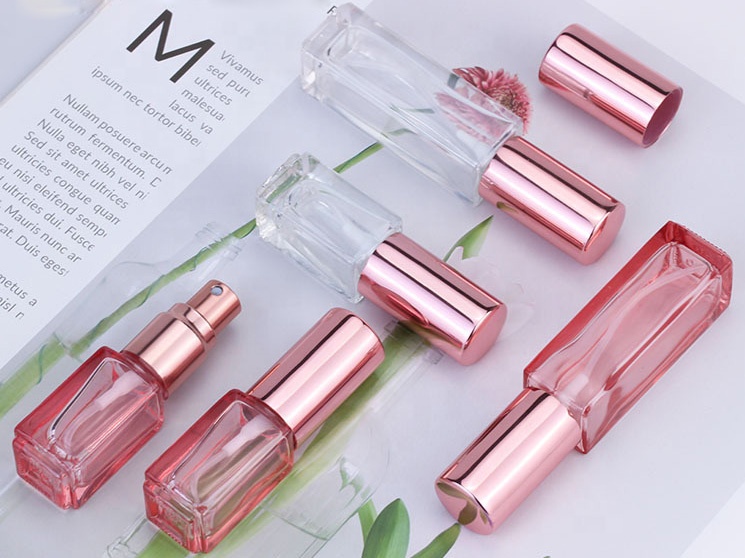 Rose gold color square cosmetic 3ml 10ml mini perfume pink glass sprayer bottle with aluminum atomizer lid