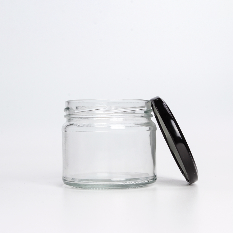 Round 300ml Sealed Storage jam honey glass jar with Black metal Lids