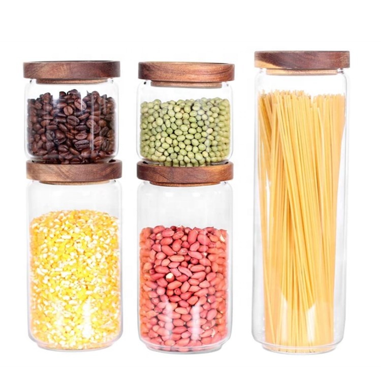 Round Airtight High Borosilicate Glass Storage Containers Jars with Acacia Wood Lid