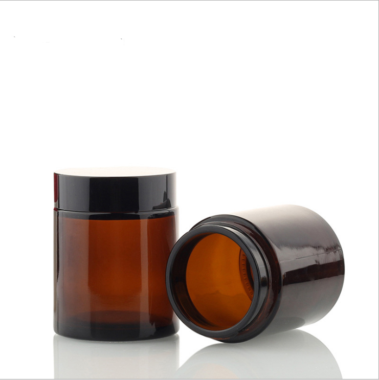 Round Amber Glass Jar 300ml Straight Sided With Black Lid for Cosmetics Lotions Body Scrubs Balms