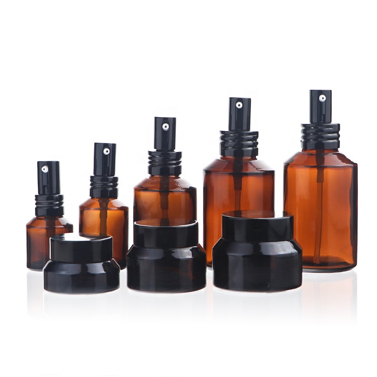 Round Amber Glass Skin Care Cosmetic Container Empty Jar For Cream With Inner Liners And Black Lids