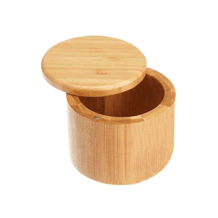 Round Bamboo Salt Box Eco-Friendly 100% Organic bamboo Professional-Grade salt storage container on the market