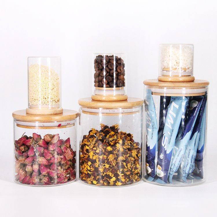 Round Clear Food Storage High Borosilicate Glass Jar Wooden Lid Borosilicate Glass Jar