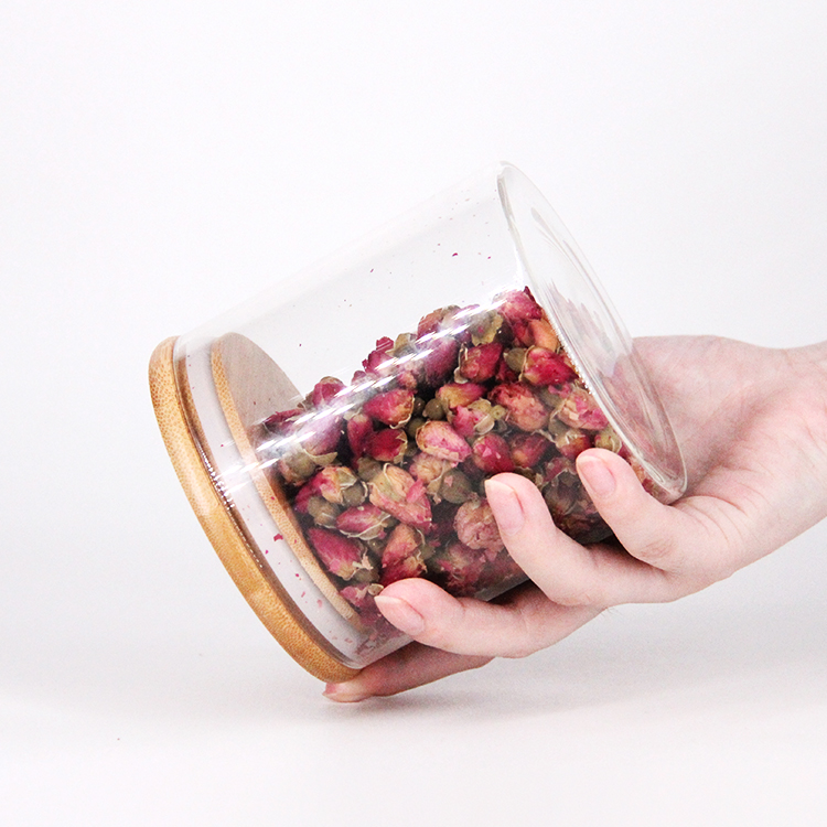 Round Clear Food Storage High Borosilicate Glass Jar Wooden Lid Borosilicate Glass Jar