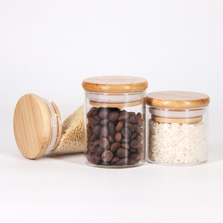Round Clear Food Storage High Borosilicate Glass Jar Wooden Lid Borosilicate Glass Jar