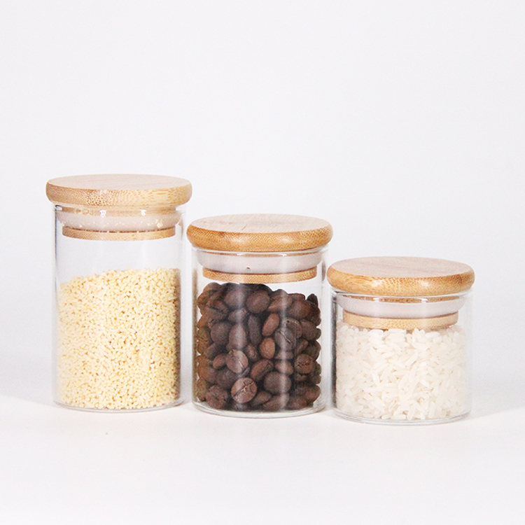Round Clear Food Storage High Borosilicate Glass Jar Wooden Lid Borosilicate Glass Jar