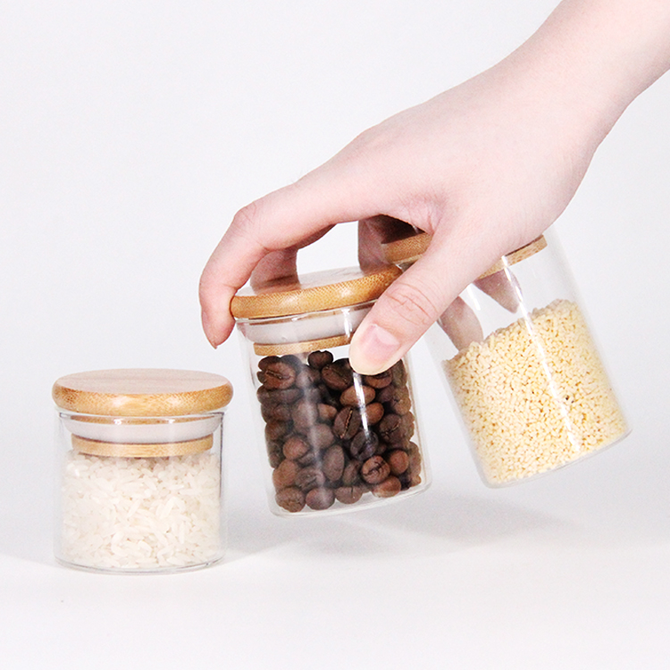 Round Clear Food Storage High Borosilicate Glass Jar Wooden Lid Borosilicate Glass Jar