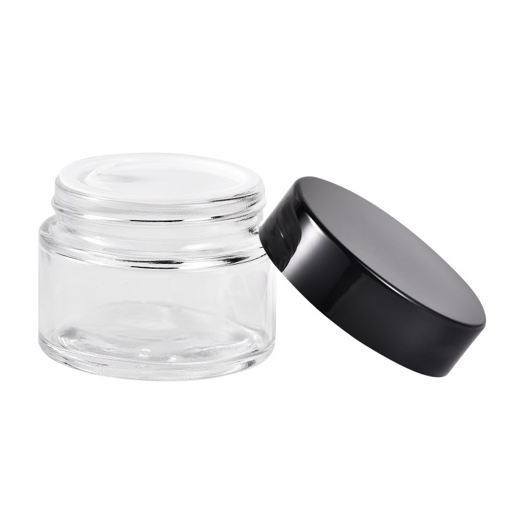 Round Clear Glass Cosmetic Packaging Face Skin Care Eye Cream Jar with Black Lid and Sealing Disc