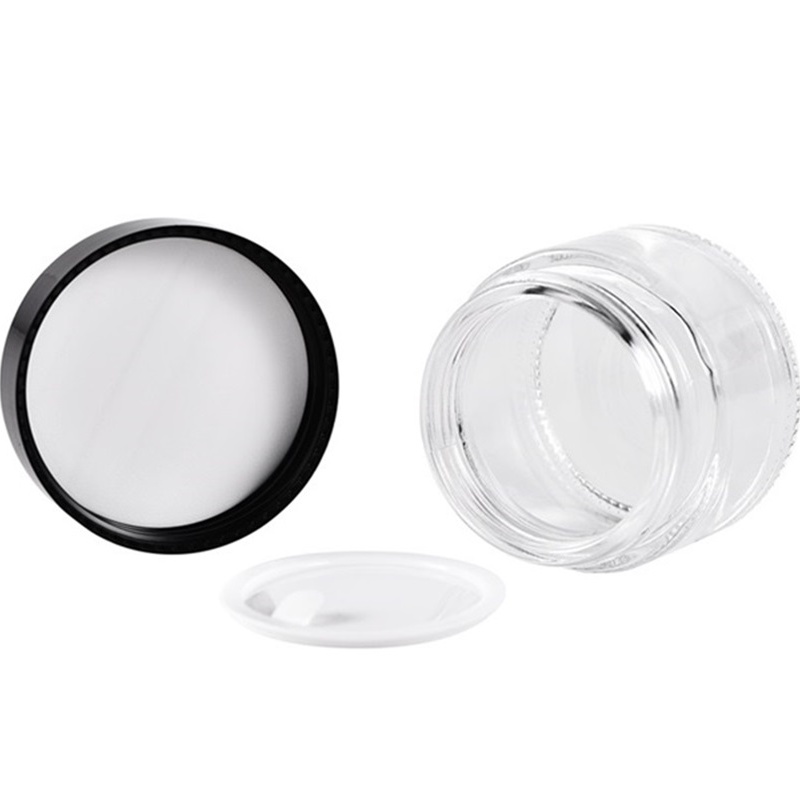 Round Clear Glass Cosmetic Packaging Face Skin Care Eye Cream Jar with Black Lid and Sealing Disc