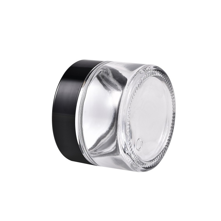 Round Clear Glass Cosmetic Packaging Face Skin Care Eye Cream Jar with Black Lid and Sealing Disc