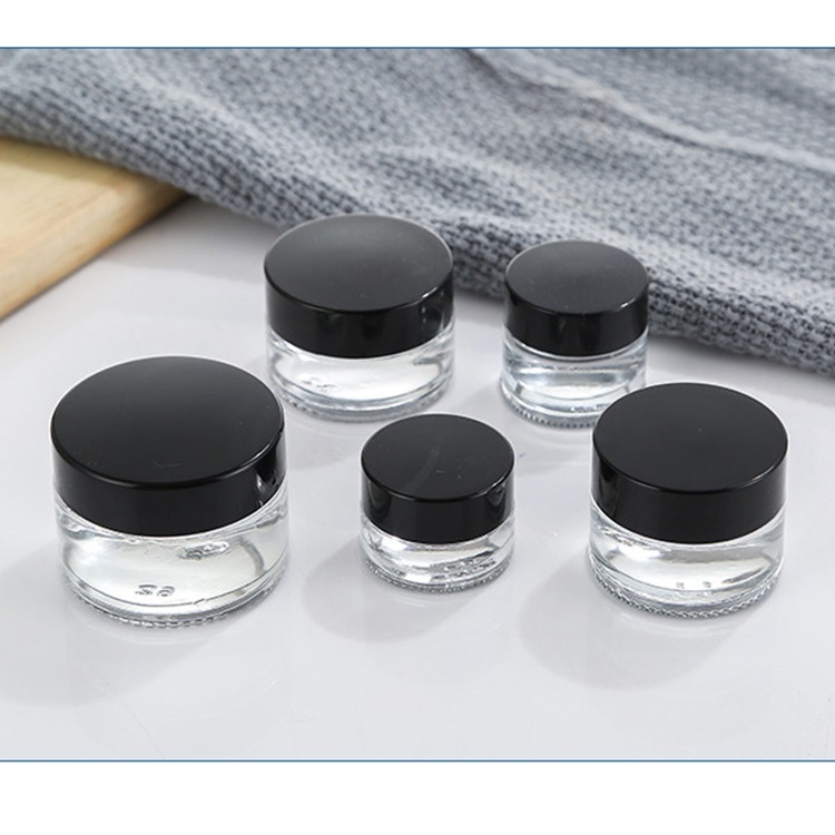 Round Clear Glass Cosmetic Packaging Face Skin Care Eye Cream Jar with Black Lid and Sealing Disc