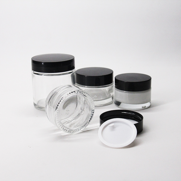 Round Clear Glass Cosmetic Packaging Face Skin Care Eye Cream Jar with Black Lid and Sealing Disc