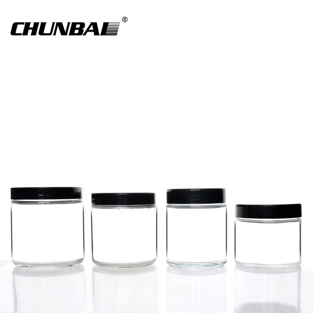 Round Clear Glass Cosmetic Packaging Face Skin Care Eye Cream Jar with Black Lid