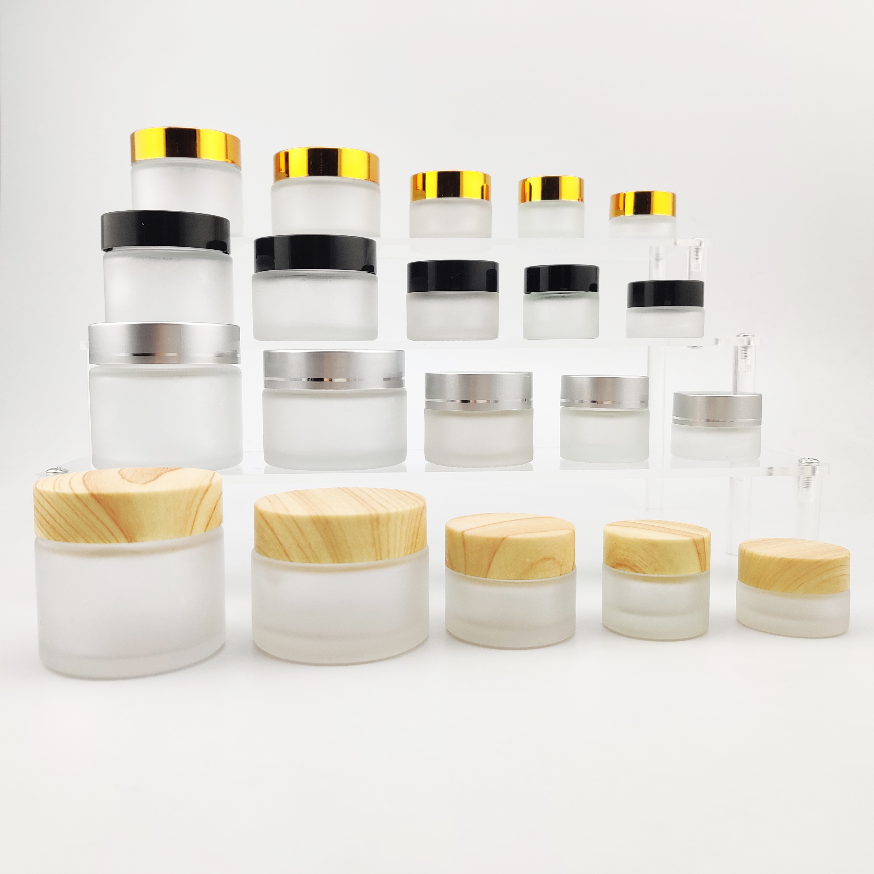 Round Cosmetic Cream Jar 5g 10g 15g 20g 30g 50g 60g 100g Empty Frosted Glass Cream Jar with Gold Cap