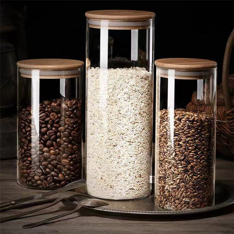 Round Glass Airtight Storage Jar Bamboo Kitchen Storage Tiered Glass Jar For Storage