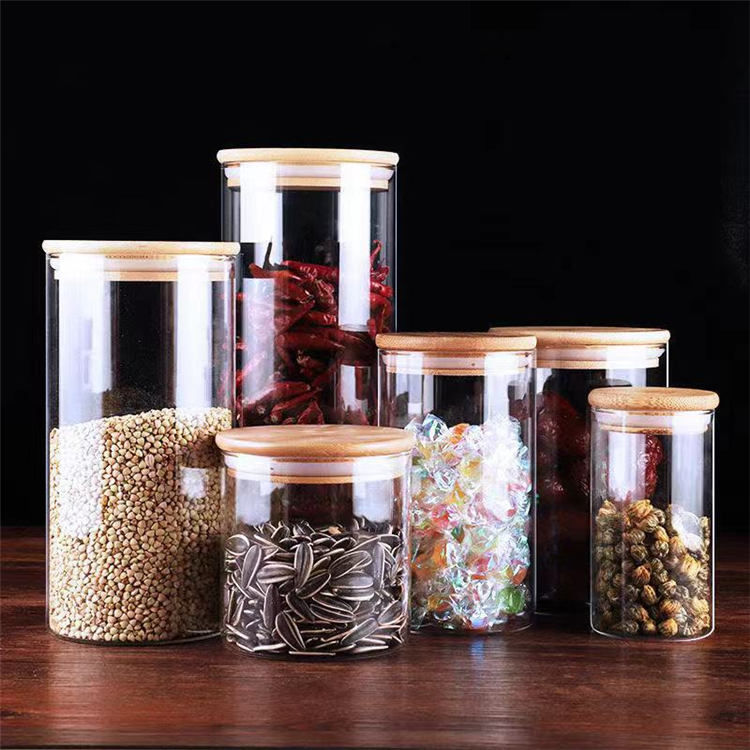 Round Glass Airtight Storage Jar Bamboo Kitchen Storage Tiered Glass Jar For Storage
