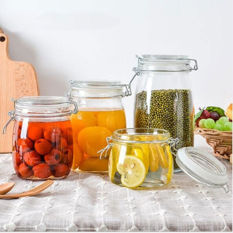 Round Glass Canister with Lid Storage Container with Clip 34oz Glass Food Storage Jar