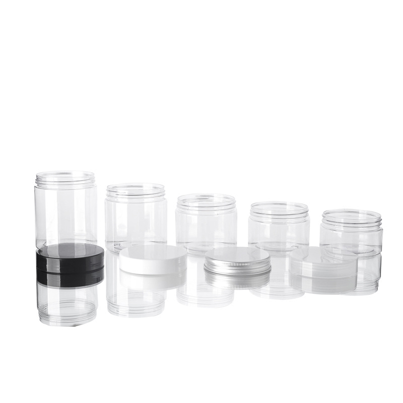 Round PET bottles of various sizes for storing peanut butter, balsam and dried fruits, with transparent lid