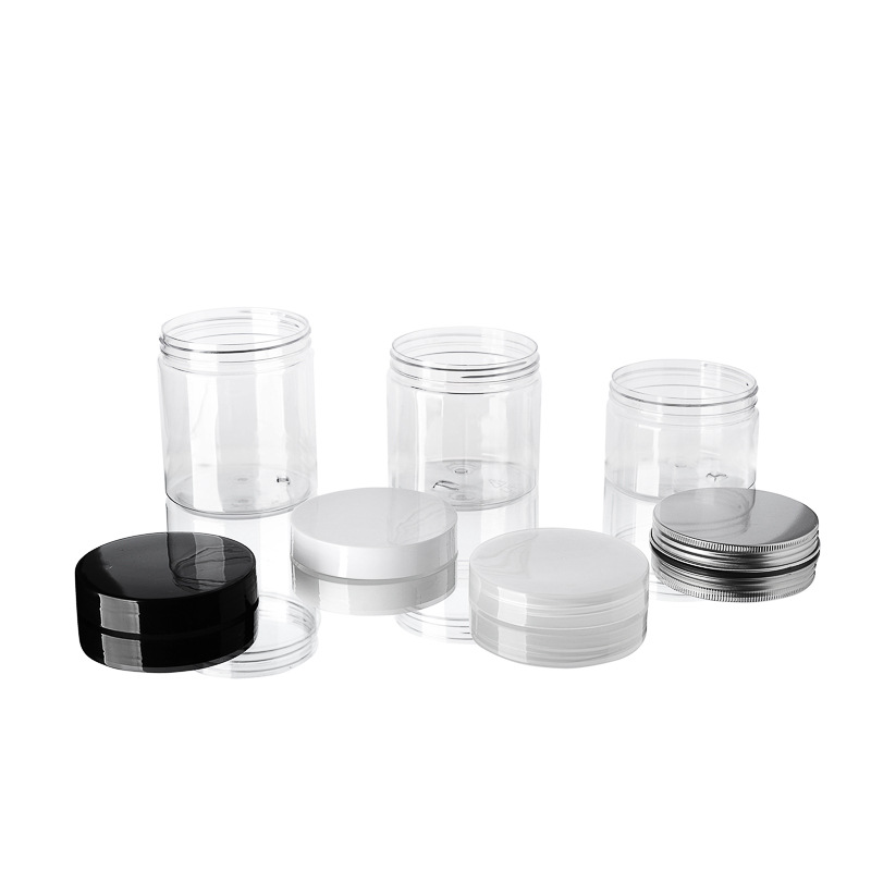Round PET bottles of various sizes for storing peanut butter, balsam and dried fruits, with transparent lid