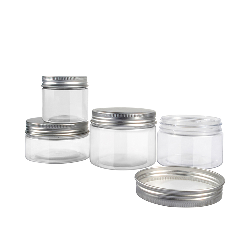Round PET bottles of various sizes for storing peanut butter, balsam and dried fruits, with transparent lid