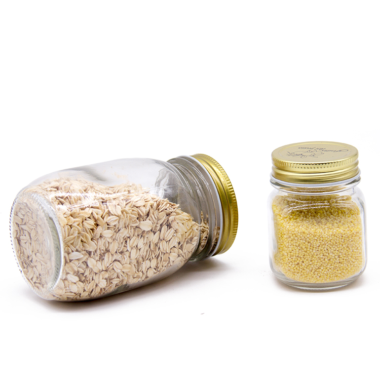 Round Shape Clear Carved Storage Glass Mason Jar With Gold Color Screw Lid