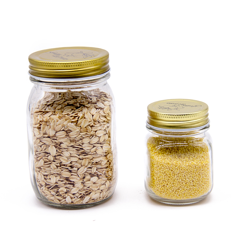 Round Shape Clear Carved Storage Glass Mason Jar With Gold Color Screw Lid
