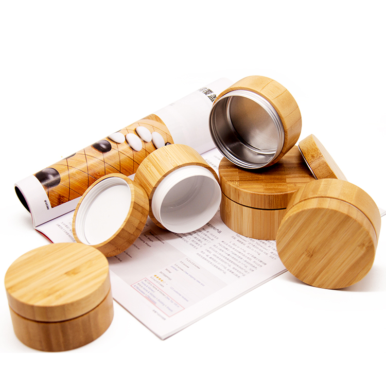 Round Shape Cosmetic Containers Cream 2Oz Glass Jars Bamboo Coated With Wood Lid