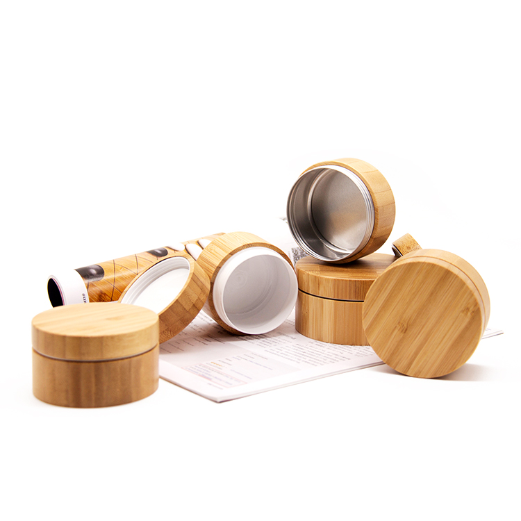 Round Shape Cosmetic Containers Cream 2Oz Glass Jars Bamboo Coated With Wood Lid