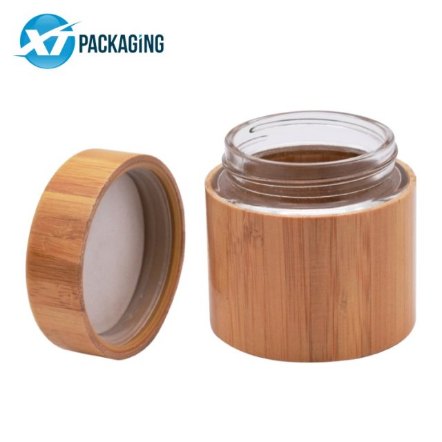Round Shape Cosmetic Containers Cream 2oz glass jars bamboo coated with wood lid smell proof hemp storage