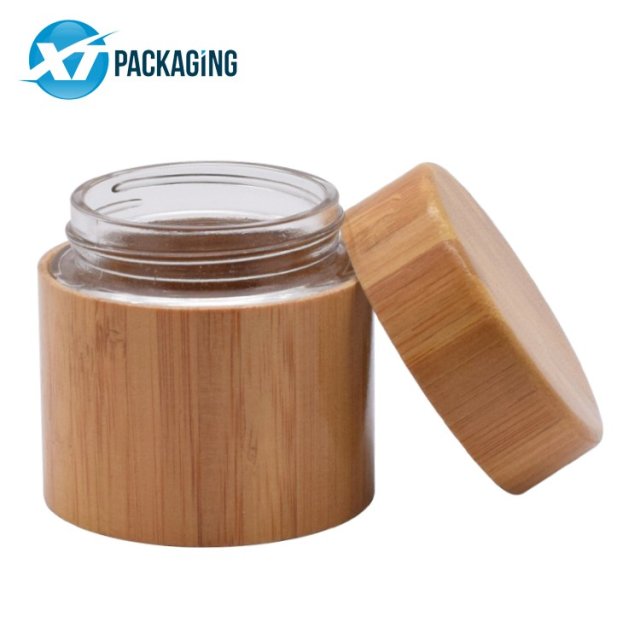 Round Shape Cosmetic Containers Cream 2oz glass jars bamboo coated with wood lid smell proof hemp storage