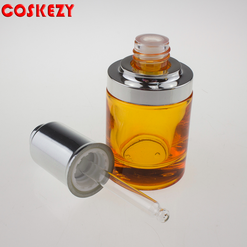 Round Silver Lock Lid Cosmetic Packaging Oil 30 ml Glass Dropper Bottle, Empty High Quality Glass Bottle with Dropper