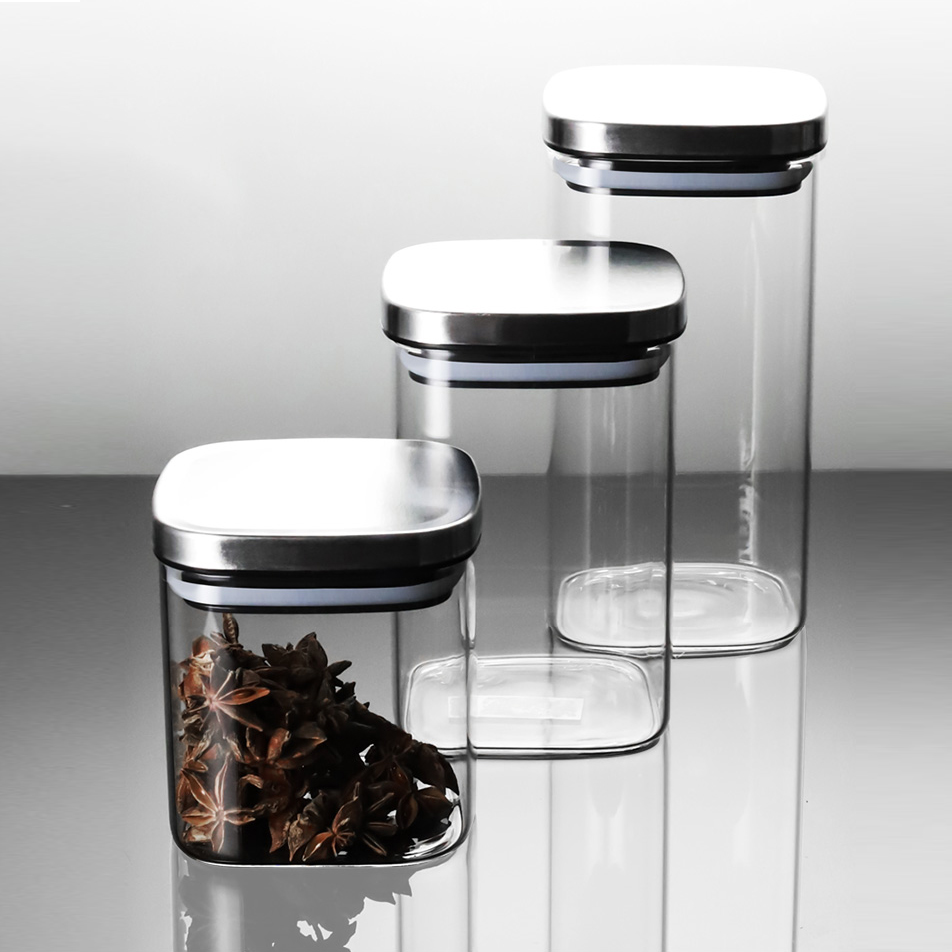 Round Square pyrex High Borosilicate Glass Storage Jars food Container Set with Steel Lid