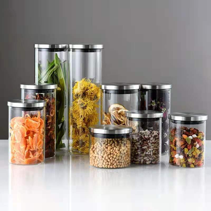 Round Square pyrex High Borosilicate Glass Storage Jars food Container Set with Steel Lid