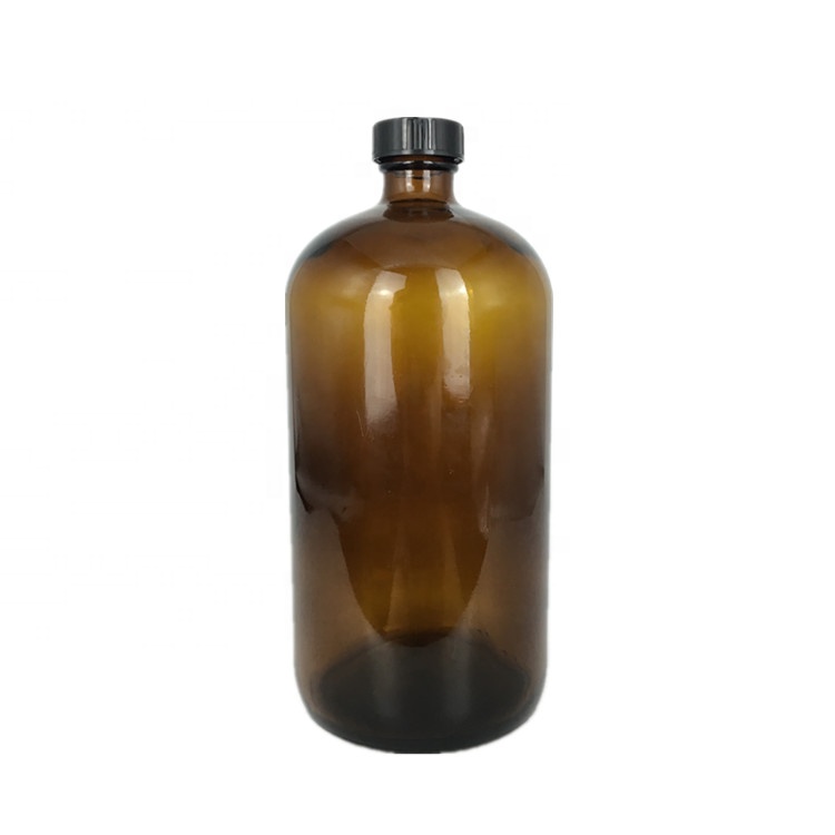 Round amber boston glass coffee kombucha beverage bottle with screw black plastic lid