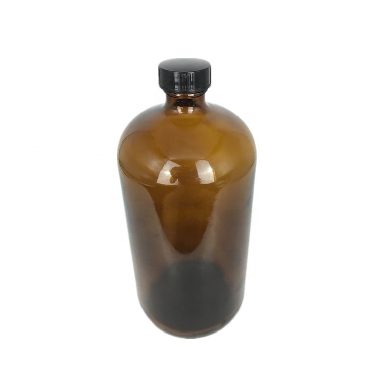 Round amber boston glass coffee kombucha beverage bottle with screw black plastic lid
