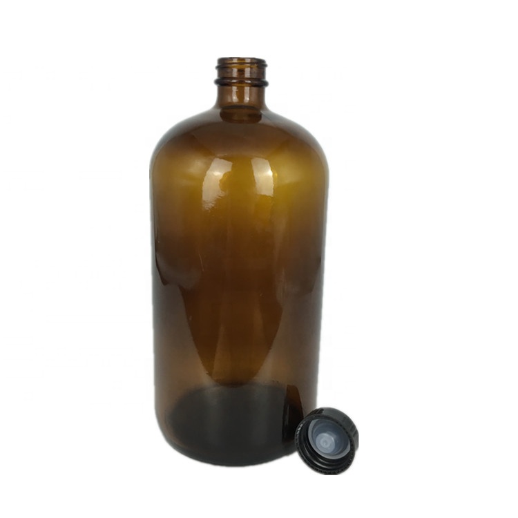Round amber boston glass coffee kombucha beverage bottle with screw black plastic lid
