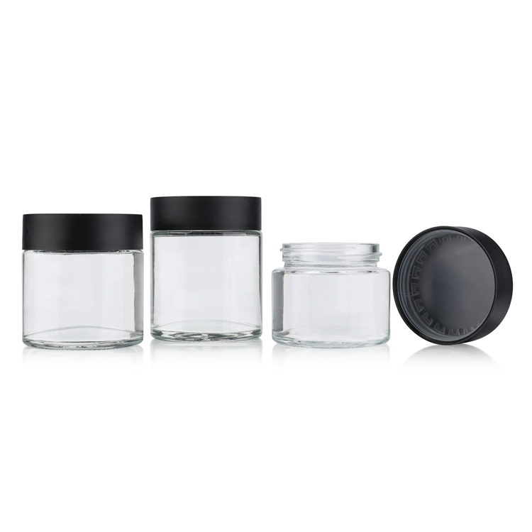 Round clear 2oz 3oz 4oz empty glass childproof hemp glass jar CBD smell proof container with plastic CRC lip