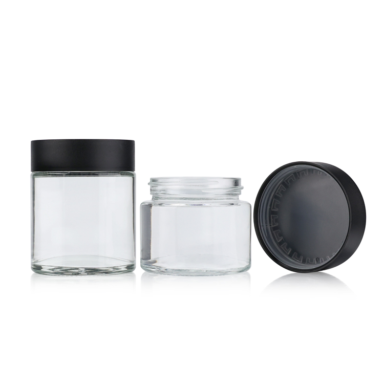 Round clear 2oz 3oz 4oz empty glass childproof hemp glass jar CBD smell proof container with plastic CRC lip