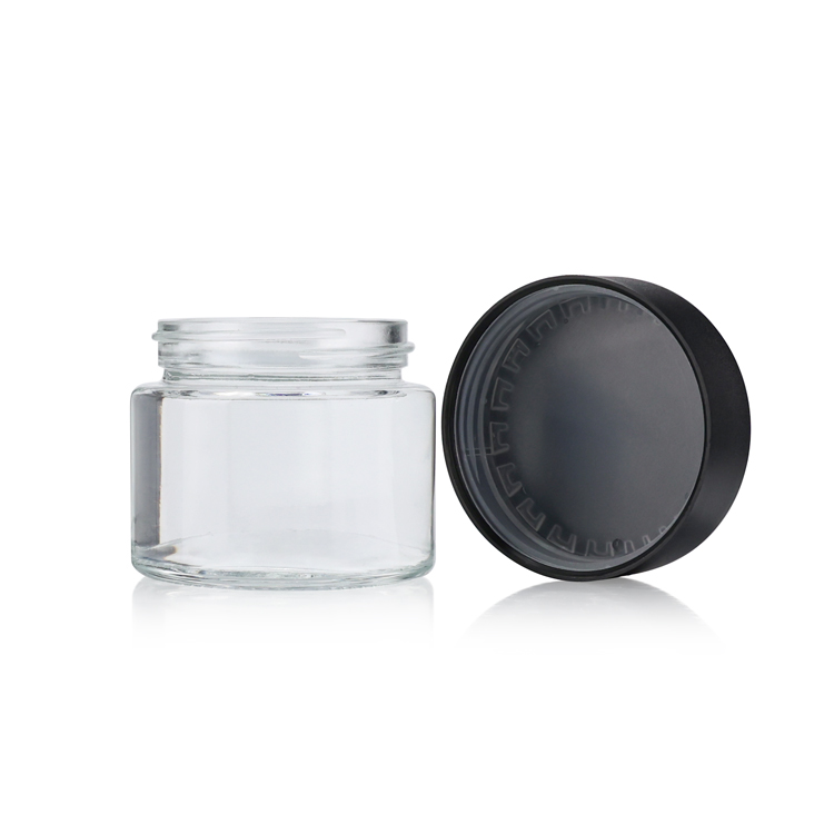 Round clear 2oz 3oz 4oz empty glass childproof hemp glass jar CBD smell proof container with plastic CRC lip