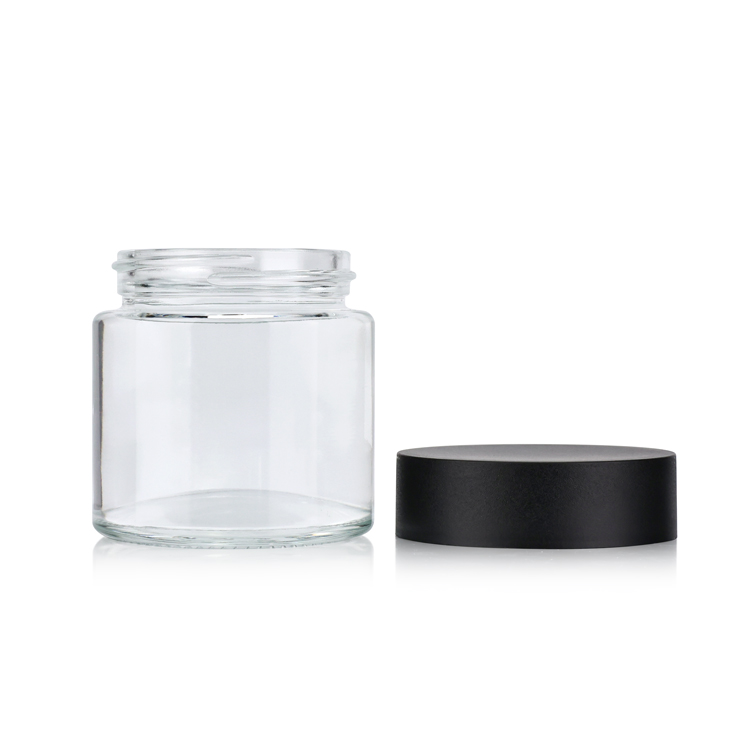 Round clear 2oz 3oz 4oz empty glass childproof hemp glass jar CBD smell proof container with plastic CRC lip