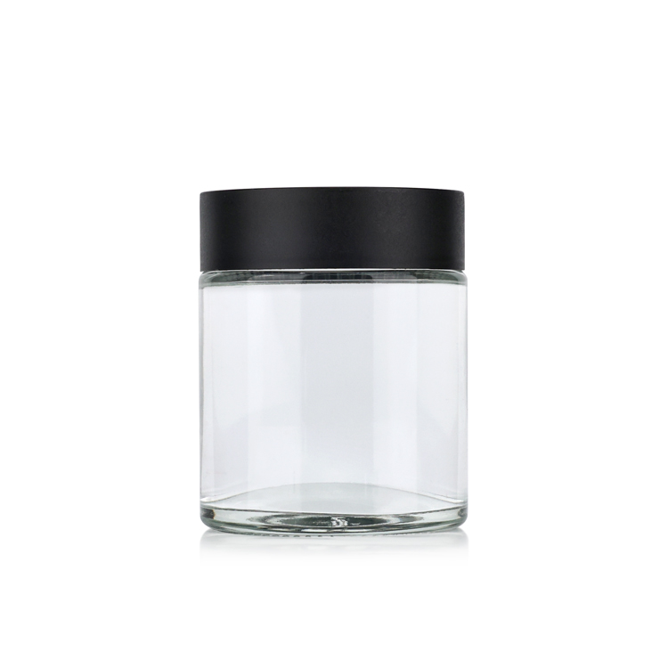 Round clear 2oz 3oz 4oz empty glass childproof hemp glass jar CBD smell proof container with plastic CRC lip