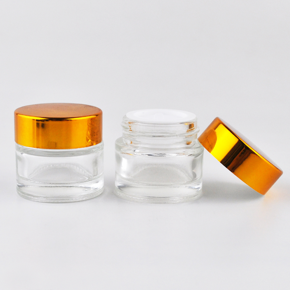 Round clear amber 10ml 20ml 1 oz  cosmetic glass jar with gold lid
