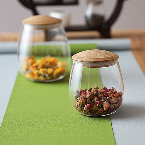 Round kitchen storage jar, seasoning jar, glass jar with bamboo lid