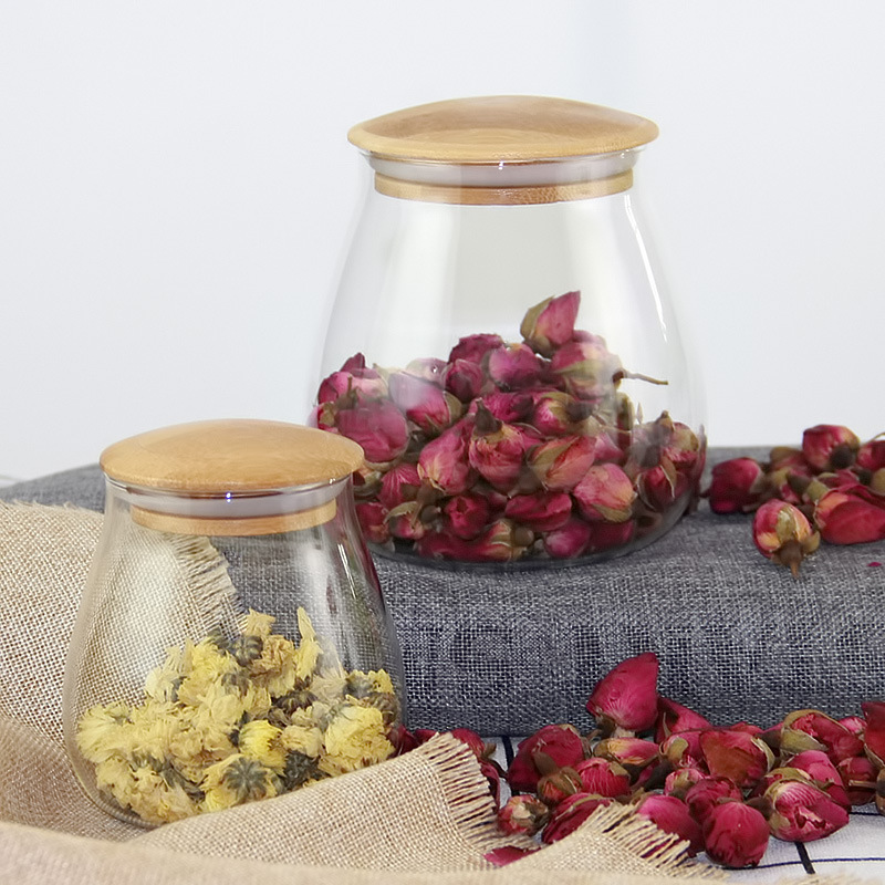 Round kitchen storage jar, seasoning jar, glass jar with bamboo lid