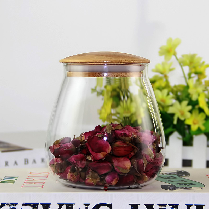 Round kitchen storage jar, seasoning jar, glass jar with bamboo lid