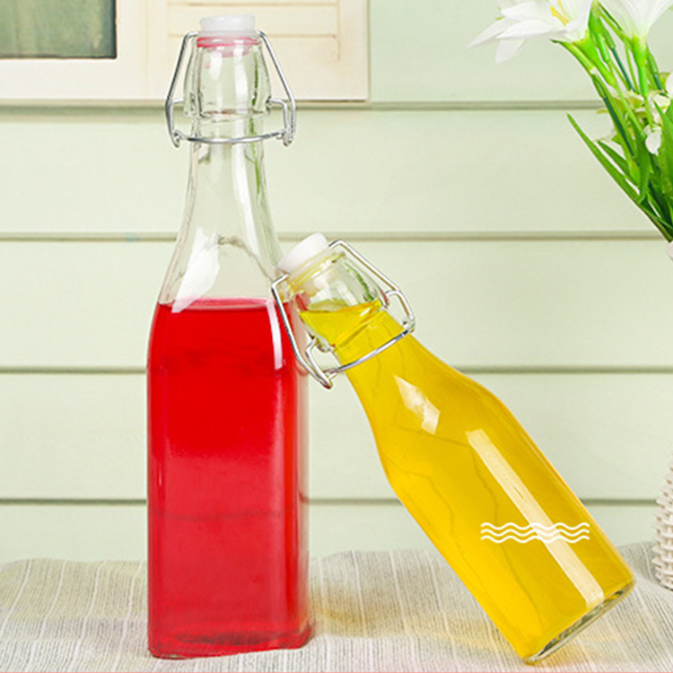 Round or square 250ml 500ml 1l glass swing top drinking bottles with clip lids sealing cap for beveage milk juice