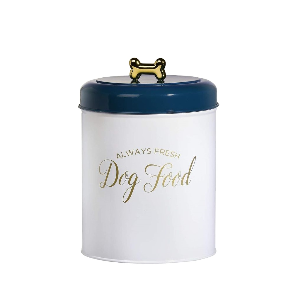 Round pet snacks and food storage containers with lids, applique gold letters and bone-shaped knobs, food safe