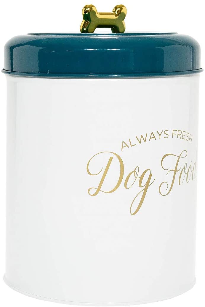 Round pet snacks and food storage containers with lids, applique gold letters and bone-shaped knobs, food safe
