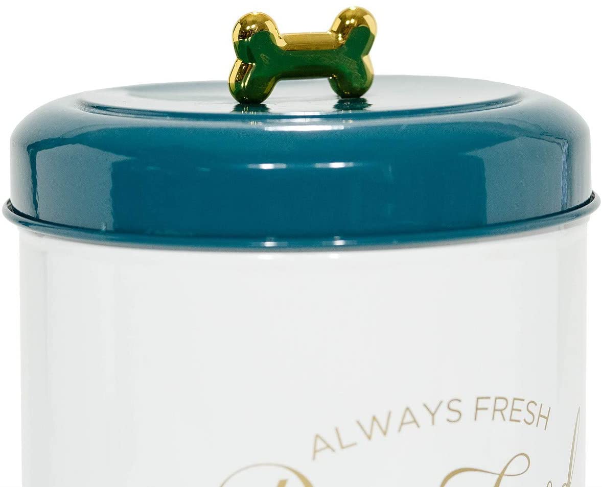 Round pet snacks and food storage containers with lids, applique gold letters and bone-shaped knobs, food safe